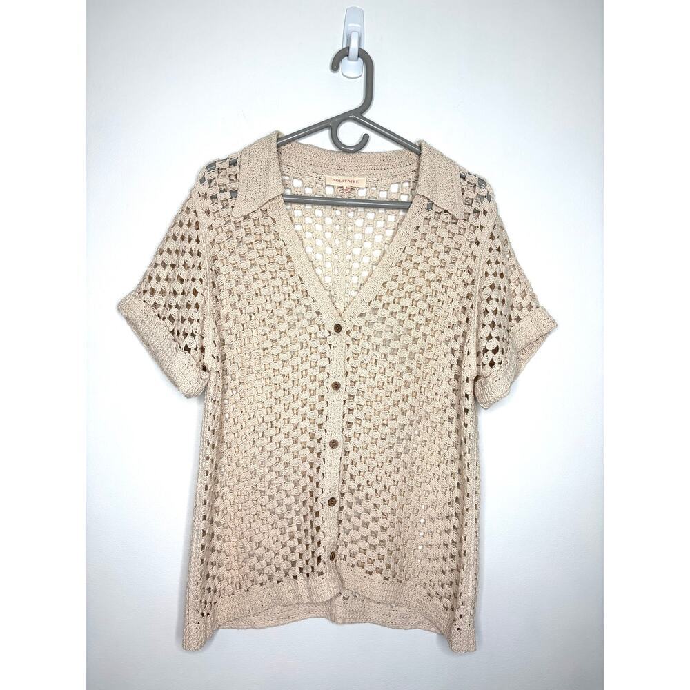 Solitaire Crochet Open Knit Cardigan Sz S Button Front Boho Granola girl Earthy